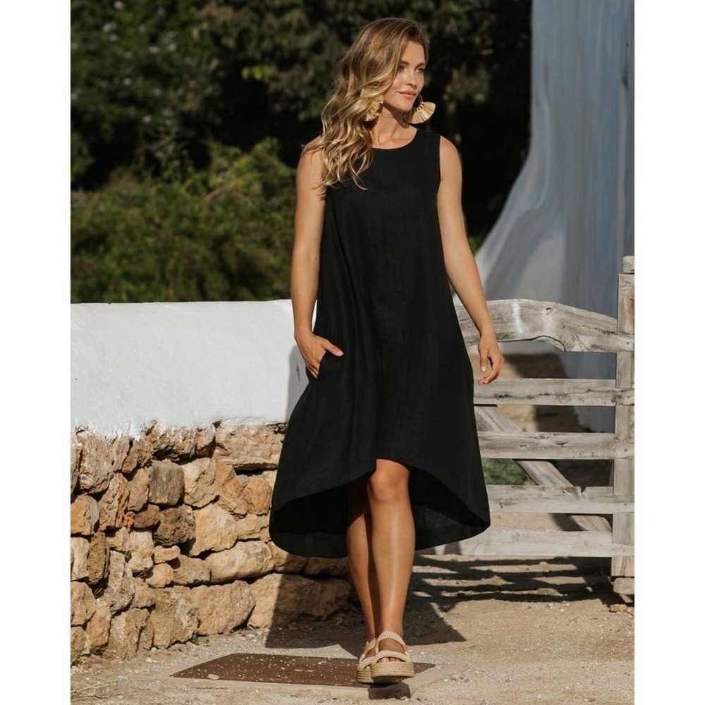MagicLinen Black 100% Linen Sleeveless High Low Shift Dress with Pockets Size M
